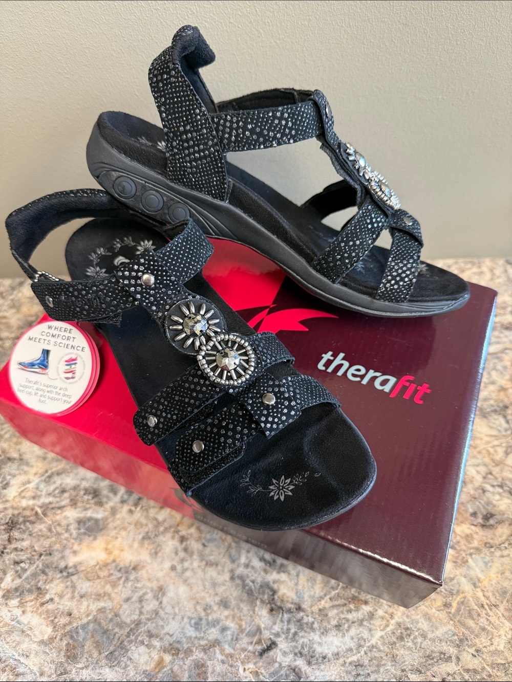 Therafit Women's Black Jeweled Comfort Sandals Size EU 37 or US 6.5-7 NWT
